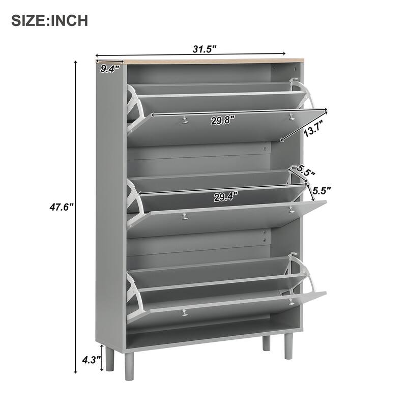 Sleek Narrow Shoe Cabinet with Adjustable Shelves & 3 Flip Drawers, Wood Grain Finish for Entryway Storage