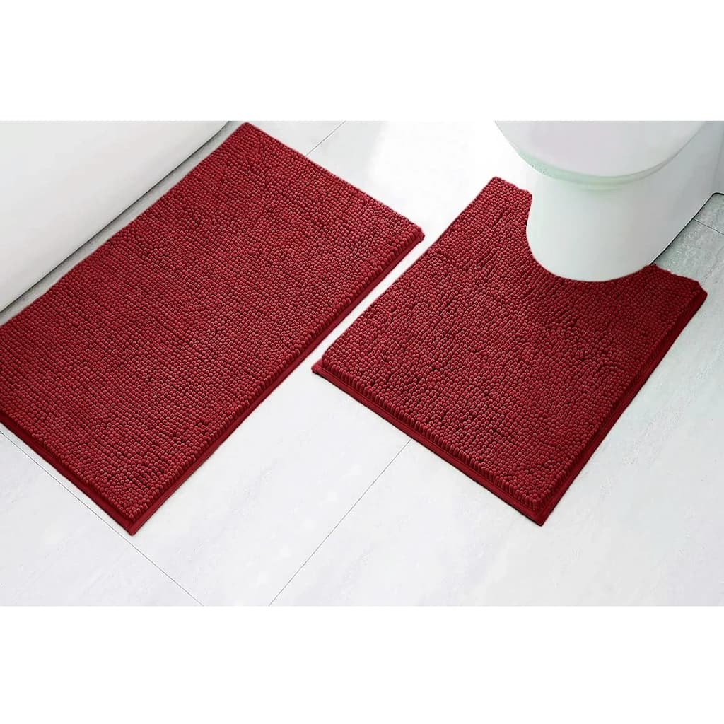 2 Piece Set Maroon Red Soft Cozy Plush Chenille Bath Mat Bathroom Rug