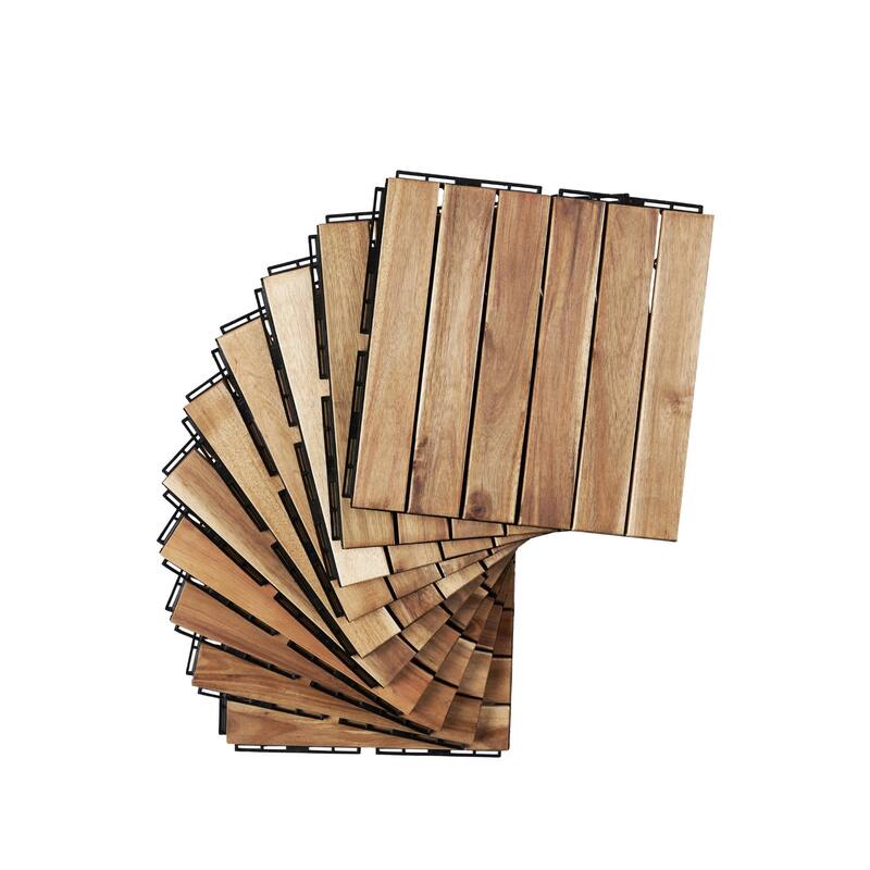 10 PCS Interlocking Deck Tiles Striped Pattern, 12" x 12" Square Acacia Hardwood Outdoor Flooring for Patio,Bancony,Pool Side