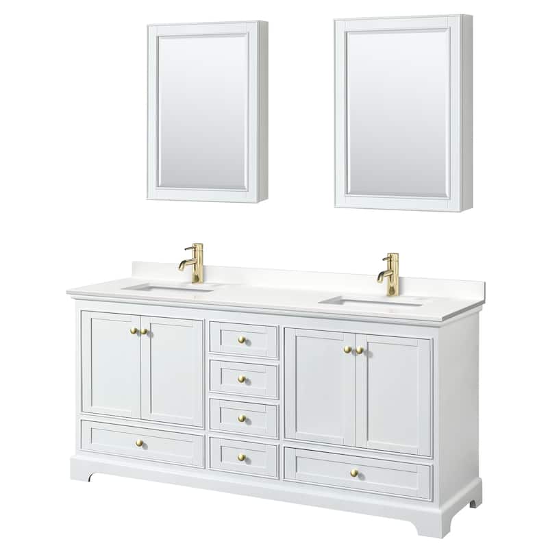 Deborah 72-inch Double Vanity, Quartz Top, Medicine Cabinets - White, Gold Trim, White Quartz Top