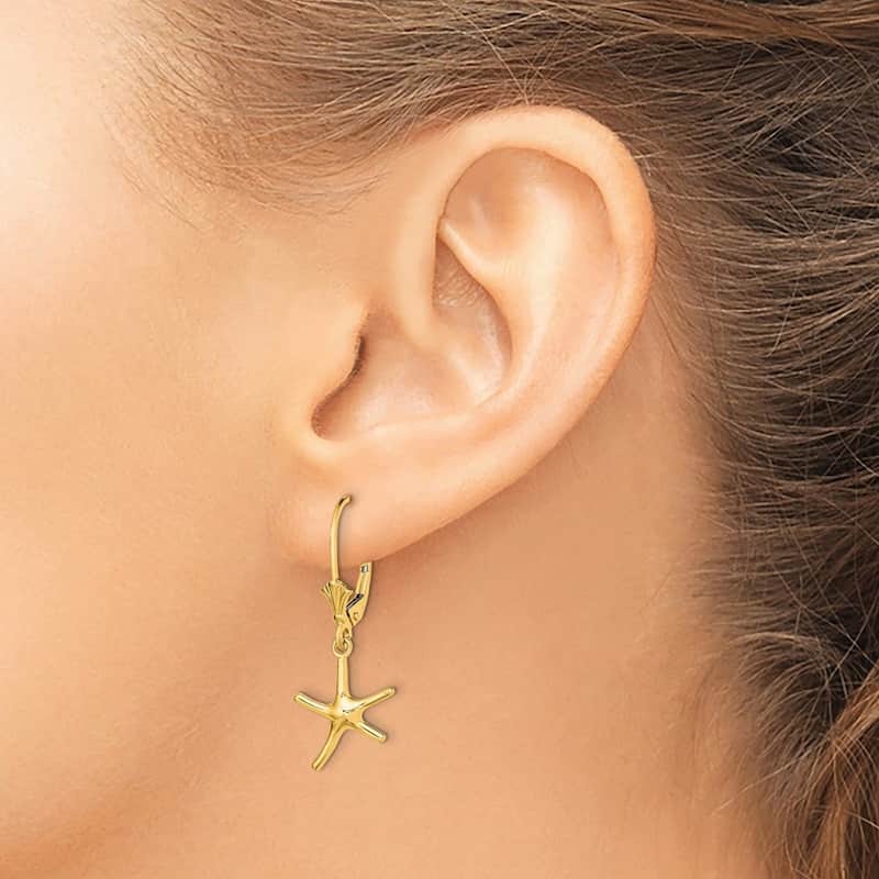 Curata 14k Yellow Gold Mini Dancing Sea shell Nautical Starfish Leverback Earrings 26.5x10.6mm