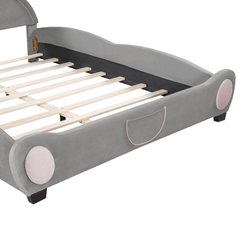 Charming Bear Headboard Velvet Platform Bed with Bed-End Storage Pockets for Kids Bedroom