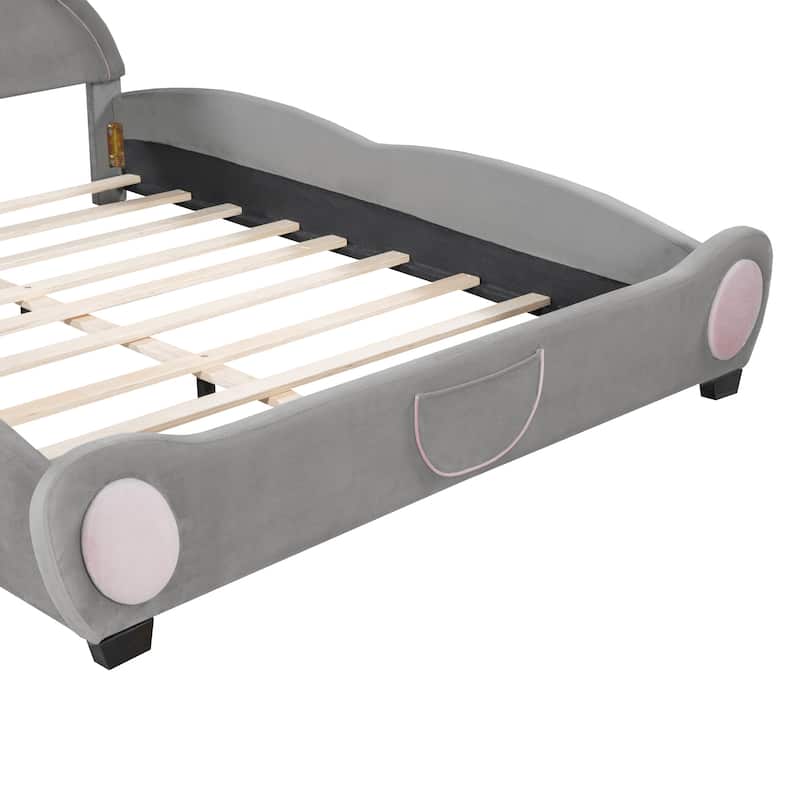 Velvet Platform Bed with Bear Shaped Headboard