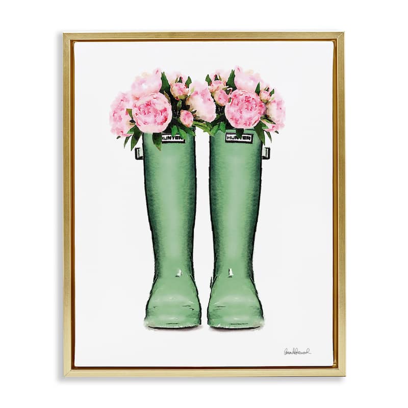 Stupell Country Boots with Peonies Framed Floater Canvas Wall Art Design By Amanda Greenwood - 17 x 21 - Gold