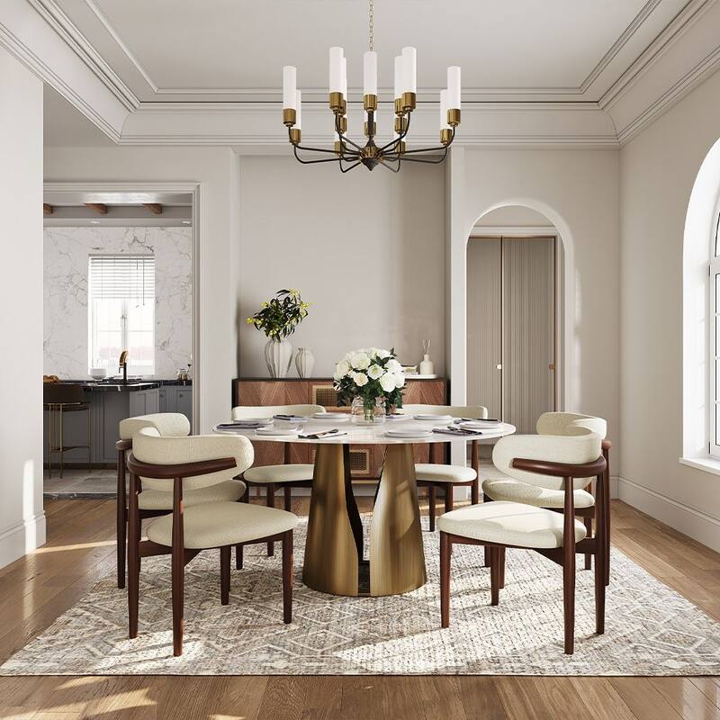 Modern Round White Dining Table，Sintered Stone Tabletop, Solid Black Carbon Steel Base