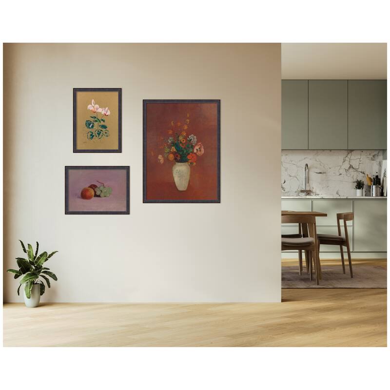 Kate and Laurel Cyclamen, Still Life Fruit, & Bouquet Vase Odion Redo 3 Piece Framed Wall Art Print by Nostalgia Prints