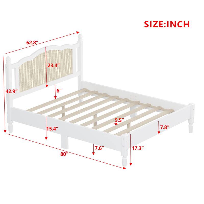 Wooden Platform Bed with Arc Rattan Headboard Bed Frame, Pine Wood Panel Bed, Solid Wood Legs for Bedroom