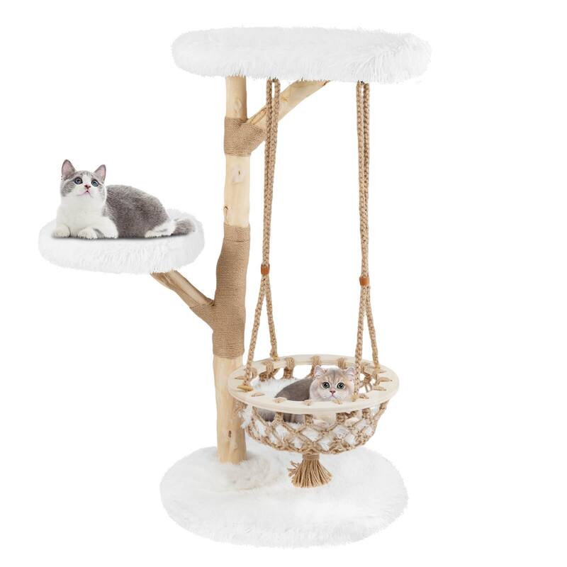 Costway 48.5” Solid Wood Cat Tree with Hanging Cradle Jute Scratching - as pic shows - See Details
