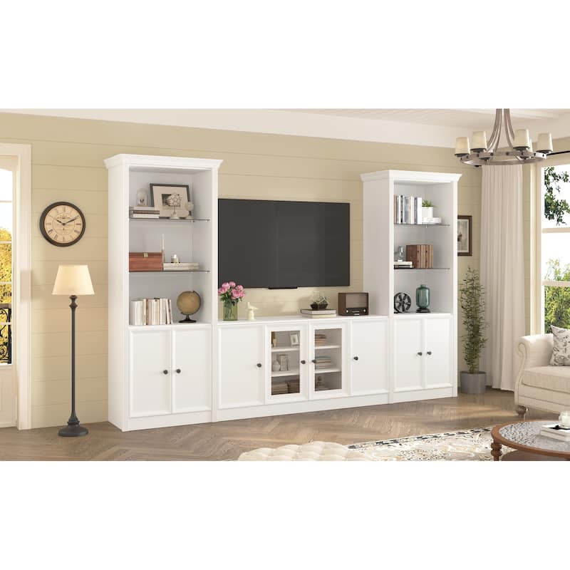 128" Wall Unit Entertainment Center with Bookshelves, Wood Media Console TV Storage Cabinets with Glass Doors for TVs up to 80"