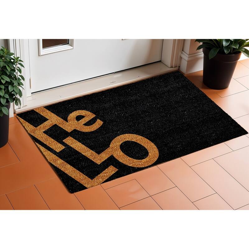 HomeRoots 17" X 29" Black And Natural Hello Outdoor Coir Door Mat - 17' X '29 - 17' X '29
