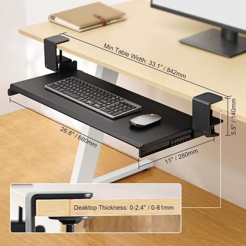 UIMOSO Clamp on Keyboard Tray Under Desk, Desk Keyboard Tray Slide out with Sturdy No-drill C Clamp Mount