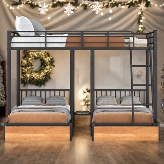 Full Over Twin & Twin Triple Bunk Bed With Drawers and Guardrails for Bedroom