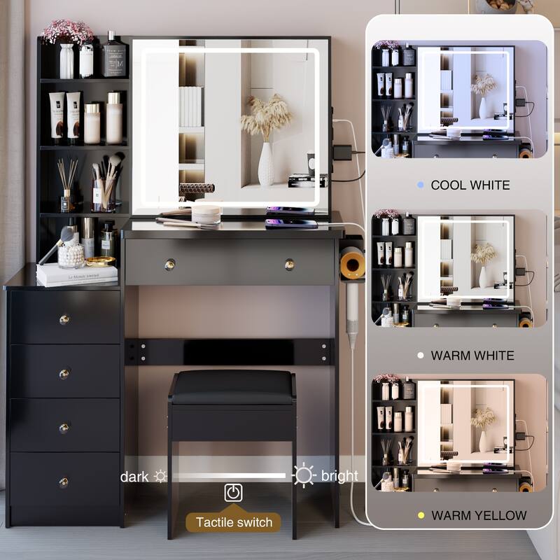 37" Middle Size Left Bedside Cabinet Vanity Table + Cushioned Stool Dresser Set, 2 AC+2 USB Socket, Hair Dryer Stand