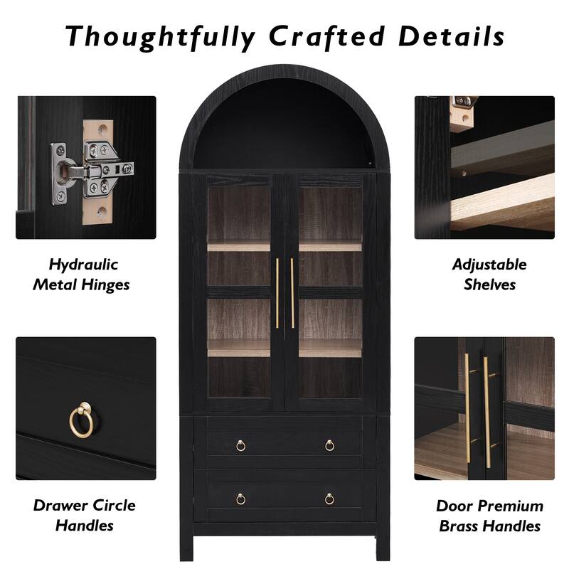 71"Tall Arched Kitchen Pantry Cabinet with 2 Large Drawers, Kitchen Storage Cabinets with Adjustable Shelves, Glass Door