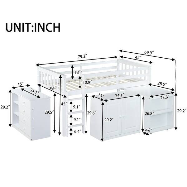 Twin Size Loft Bed with Storage Cabinet, Drawer and Shelf Cabinet and Pulling-Out Desk