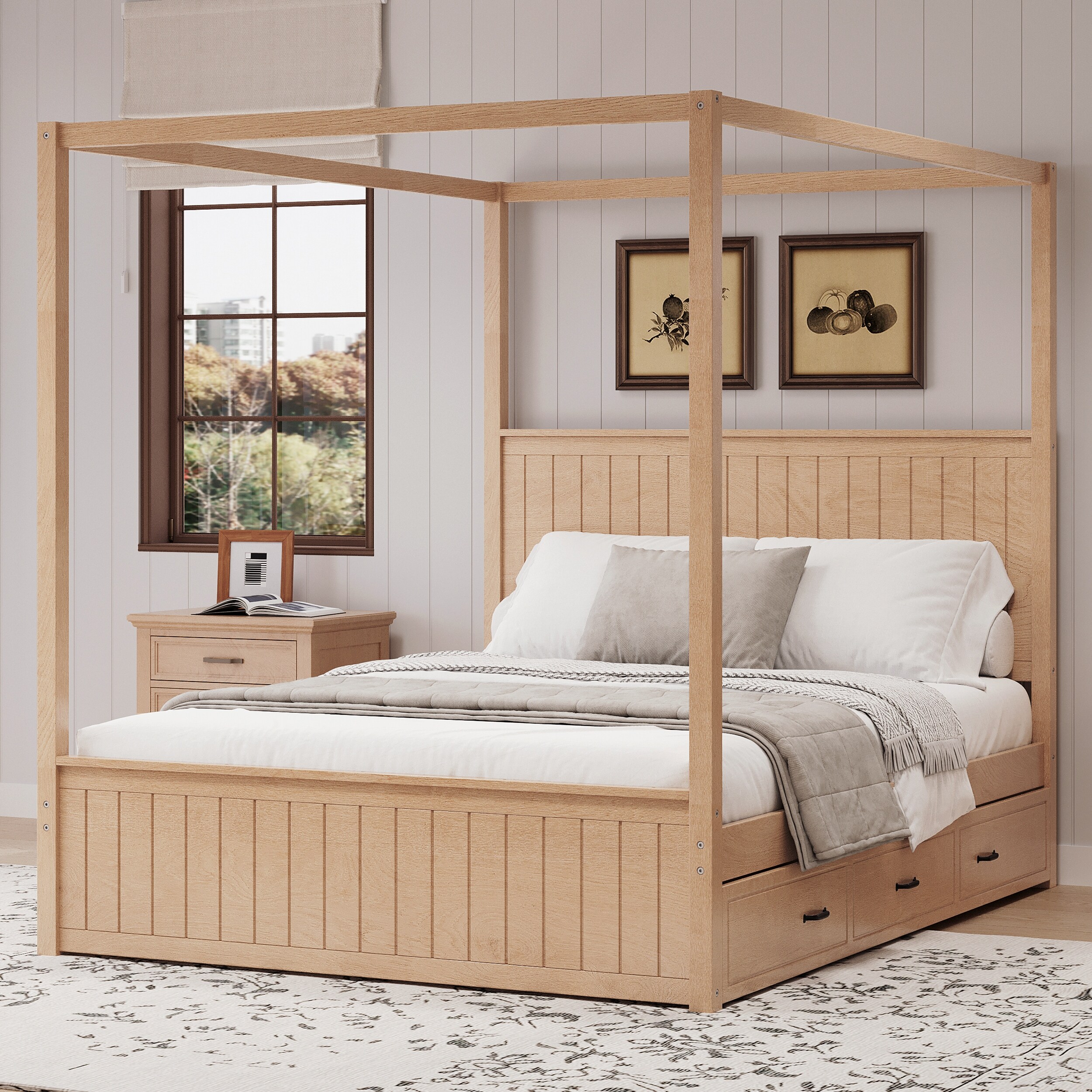 Queen Size Canopy Platform Bed With Trundle, Three Storage Drawers, Solid Wood Frame And Headboard