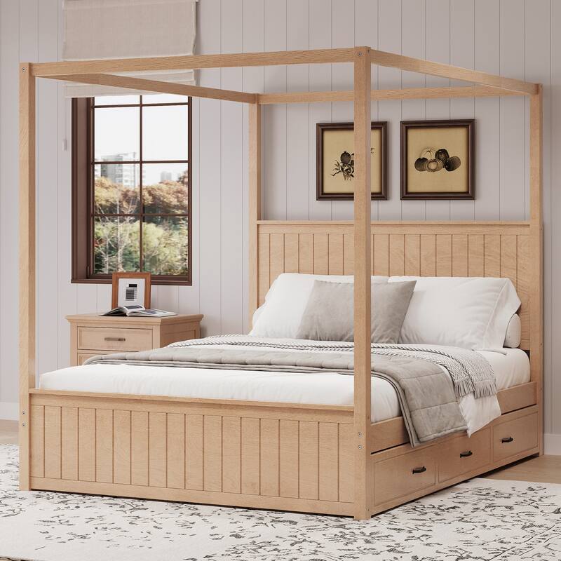 Queen Size Canopy Platform Bed with Trundle Bed and 3 Storage Drawers, Wood Frame Four Poster Bed with Striped Headboard