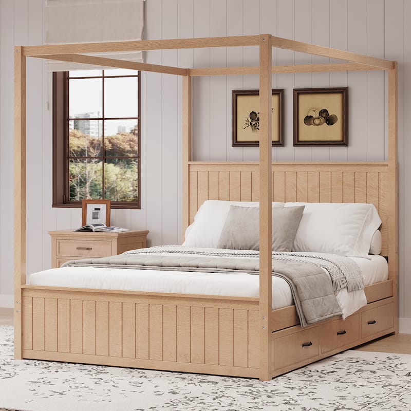 Queen Size Platform Canopy Bed with Trundle Bed and 3 Drawers Storage Bed, 4-post Solid Wood Bed Frame with Wingback Headboard - Natural - Queen
