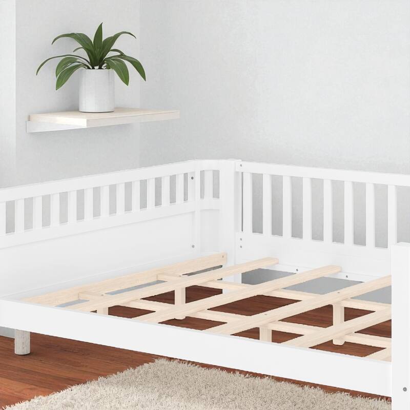 Wood Platform Bed with Guardrails & Detachable Fence, Twin/Full/Twin XL/Queen Size Kids Bed, Safety Design, No Box Spring