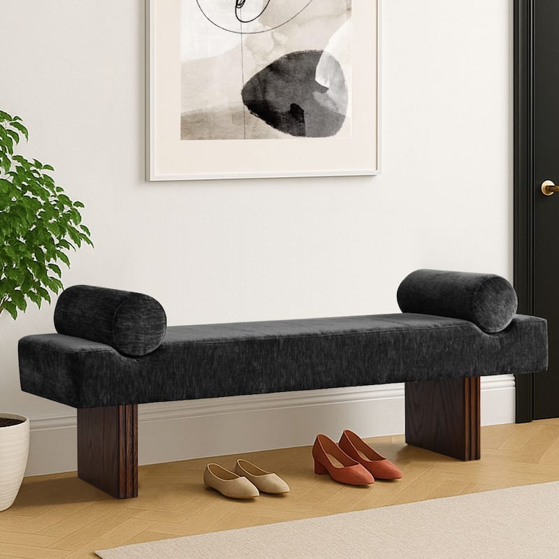 60" Upholstered Bedroom and Entryway Bench with Bolster Pillows - Black