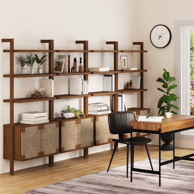 Beacon 3-Shelf Bookcase with Seagrass Cabinet, Solid Wood Bookshelf with Storage with Solid Wood Frame