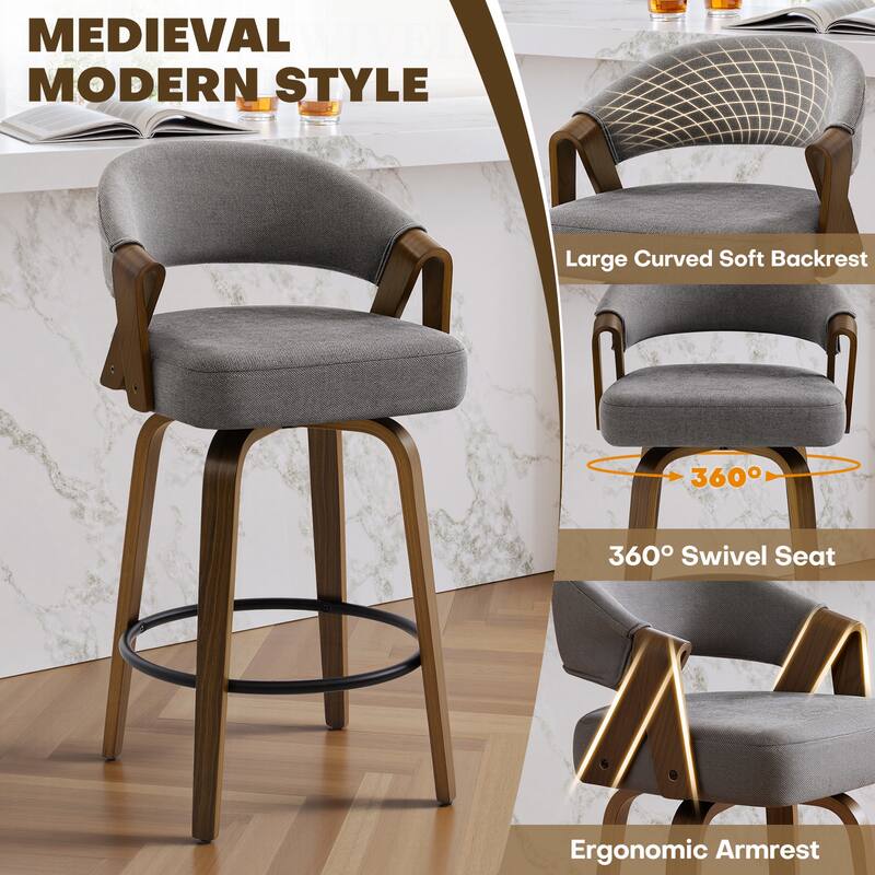 Mid-Century Upholstered Swivel Bar Stool/ Counter Stools with Curved Back - 37.5"H x 20.9"W x 19.9"D
