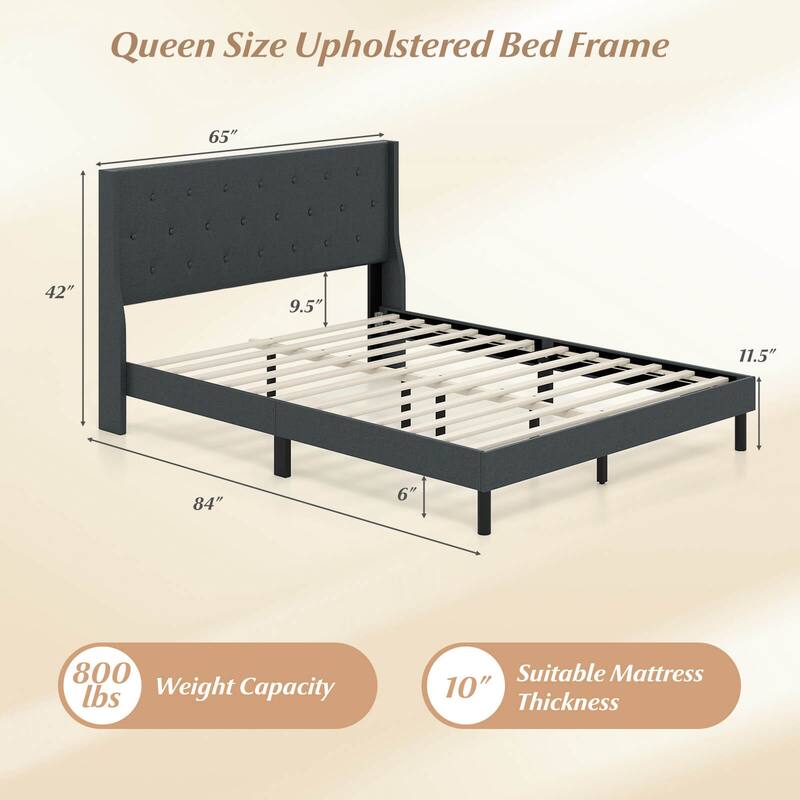 Costway Queen Size Bed Frame Linen Upholstered Mattress Foundation