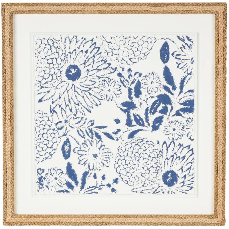 Wood Floral Handmade Relief Home Wall Decor with Brown Woven Seagrass Frame and White Backing - Blue - Roche River Decor - Blue
