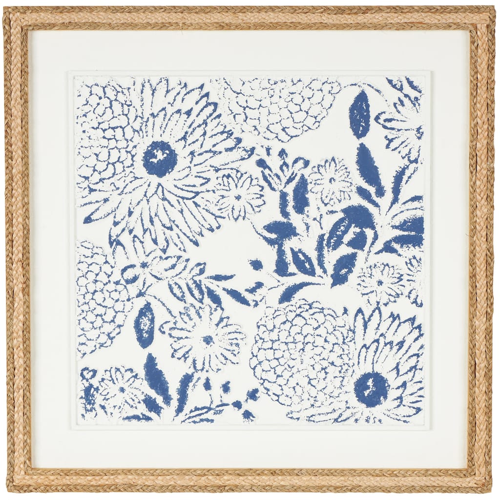 Wood Floral Handmade Relief Home Wall Decor with Brown Woven Seagrass Frame and White Backing - Blue - Roche River Decor