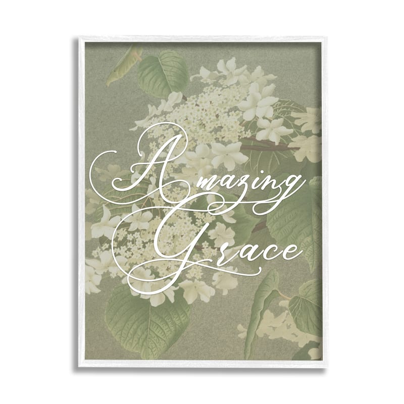 Stupell Amazing Grace Phrase Vintage White Flower Blossoms Framed Wall Art - Green - 11 x 14 - White