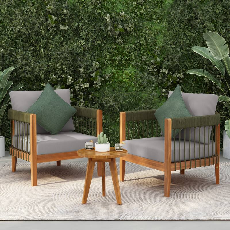 3 Pcs Set Acacia Wood Outdoor Club Chair with Handwoven Rope Accents & Curved Backres -Water-Resistant,Removable Cushions