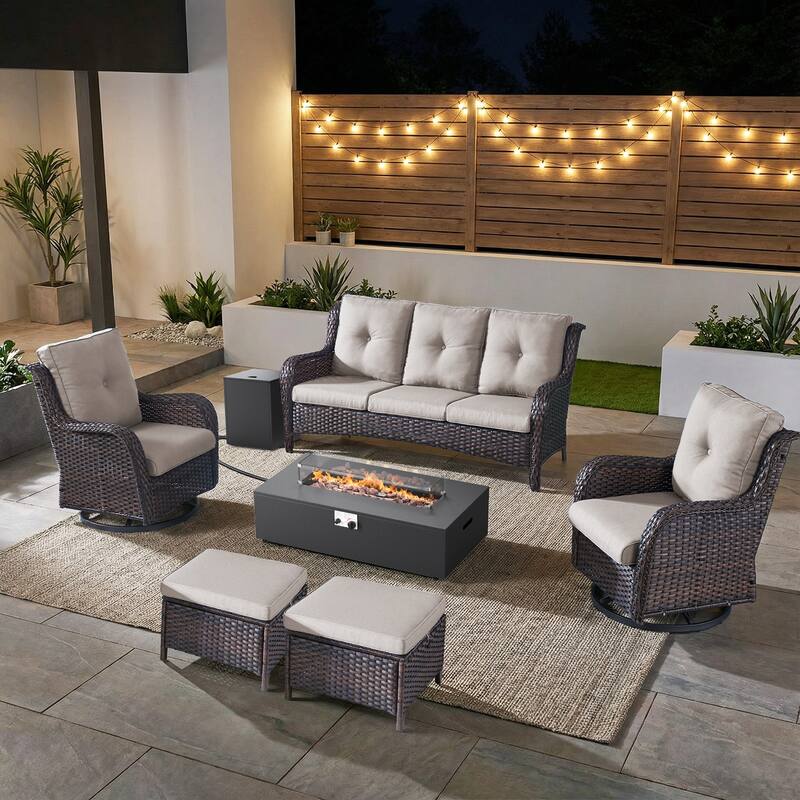Pocassy Patio 5/7 Piece Sofa Swivel Chair Ottoman with Fire Pit Table - Brown Wicker Beige Cushion - 7-Piece Sofa Swivel Chair Ottoman with Fire Table