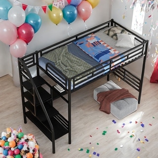 Twin Size Metal Loft Bed Frame with Desk, No Box Spring Needed, Black