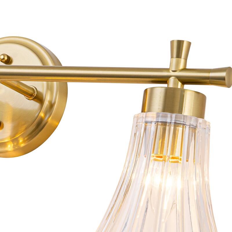 Gold Metal Wall Sconce Ribbed Trumpet Glass Shade for Bathroom Vanity