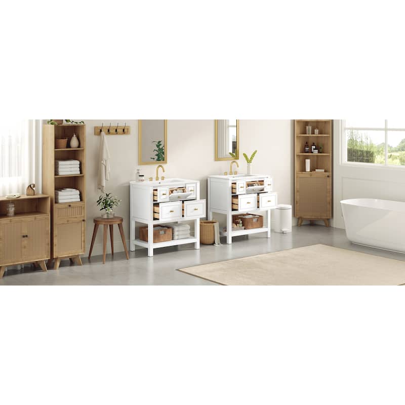 60'' Bathroom Vanity With Ceramic Sink Combo, Free Standing Single Vanity Set With 5 Drawers,Solid Wood FrameStorage Cabinet