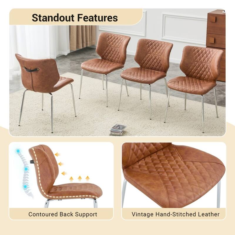 Set of 4, Oil Waxed Leather Dining Chairs with Diamond-Tufted Back