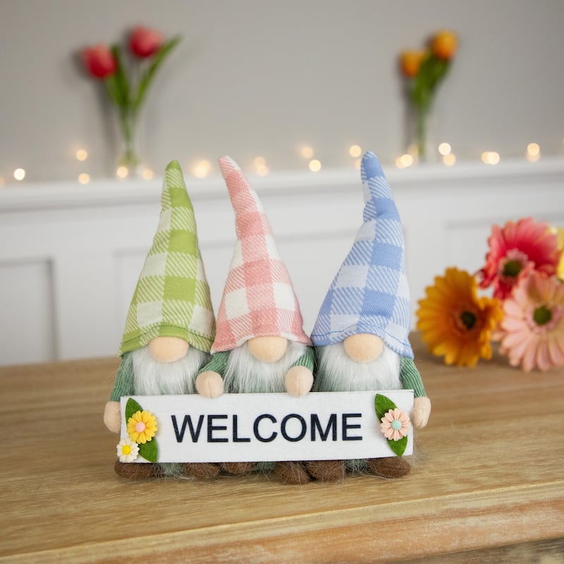 Gnome Trio with Welcome Banner Spring Table Decoration - 7" - Pastel Pink and Green
