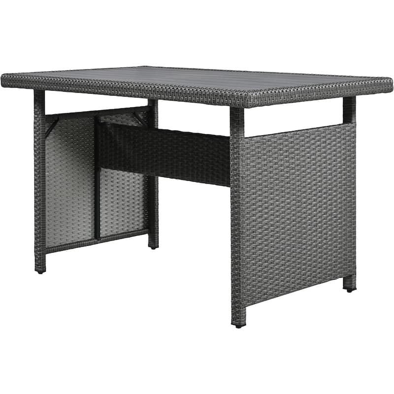 Roomfitters 5-Piece Outdoor PE Wicker Patio Sofa Set with 2 Extendable Side Tables, Dining Table