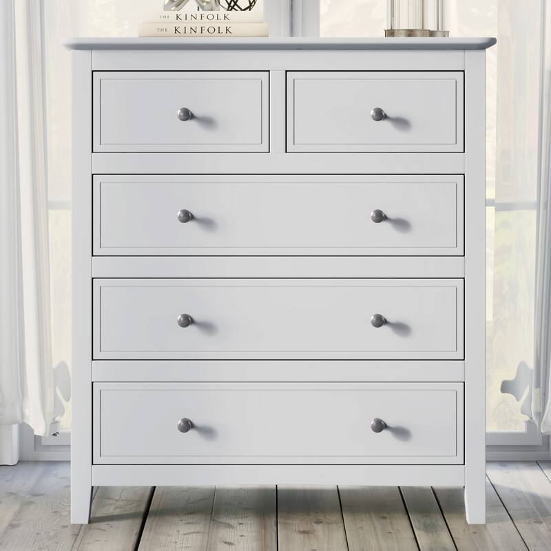 5 Drawers Solid Wood Chest Nightstand Dresser with Brushed Nickel ...
