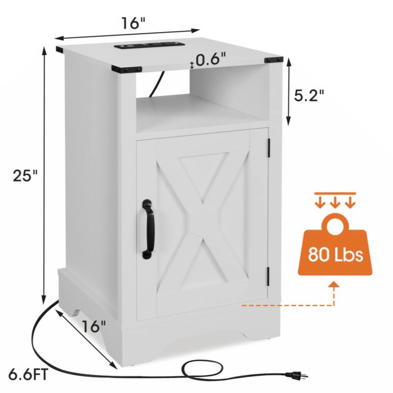Farmhouse Nightstand Side Table,Tall Bedside Table with Electrical Outlets Charging Station - White