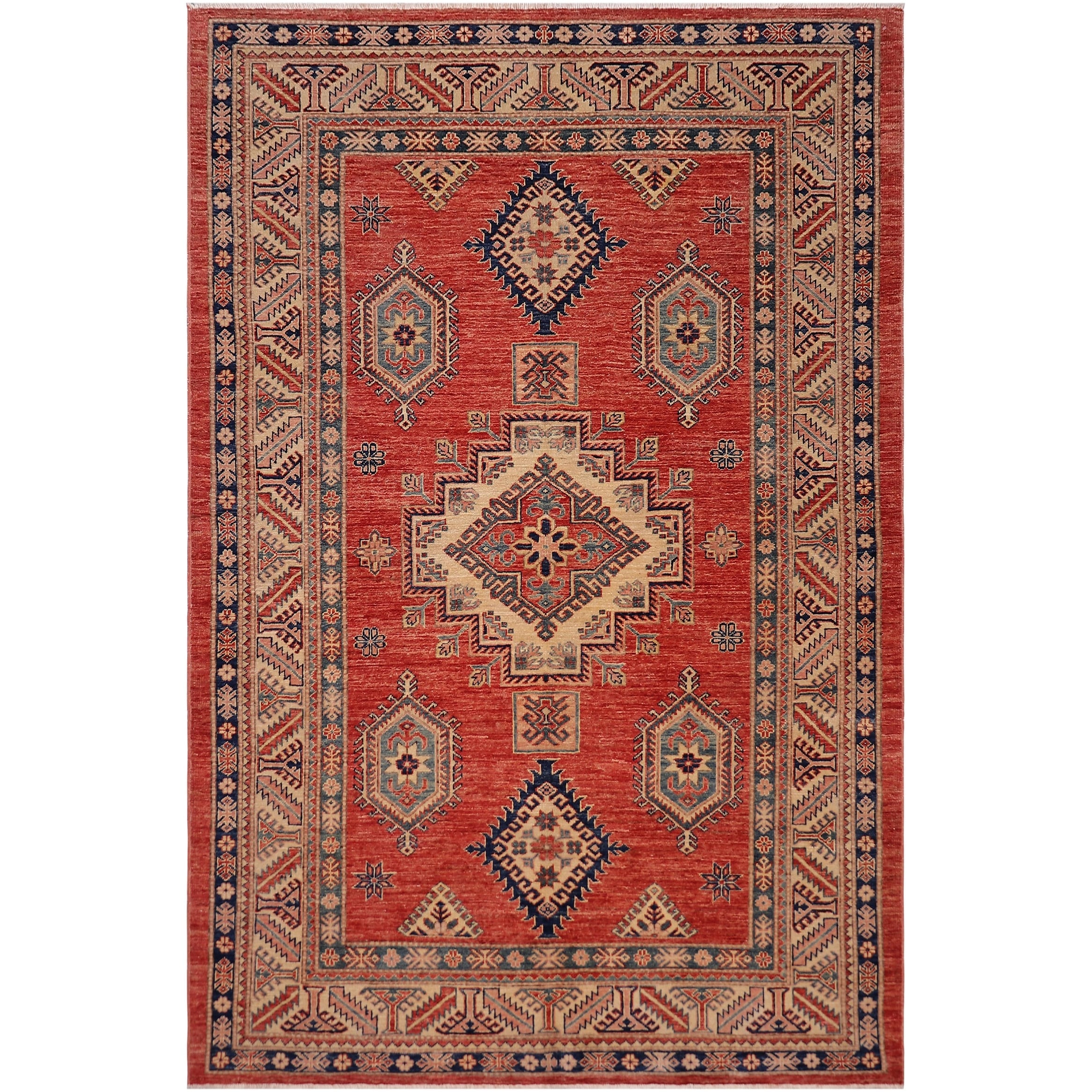 Rustic Super Kazak Cairo Rust/Beige Hand Knotted Wool Rug - 5'4'' x 7'7''