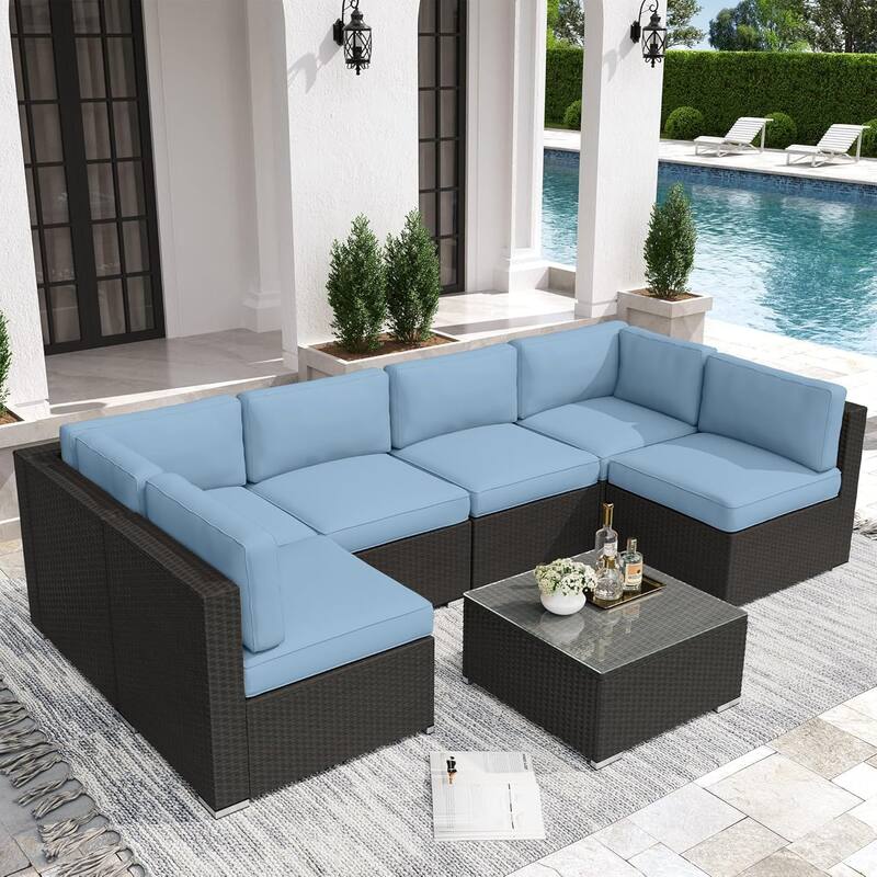 7 Piece Outdoor Patio Furniture Set Grey/Black Wicker Conversation Sectional Sofa Set with Coffee Table and Cushions - Black/Light Blue