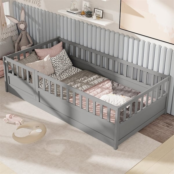 slide 2 of 31, Twin Size Wood Floor Bed with Barrier Door