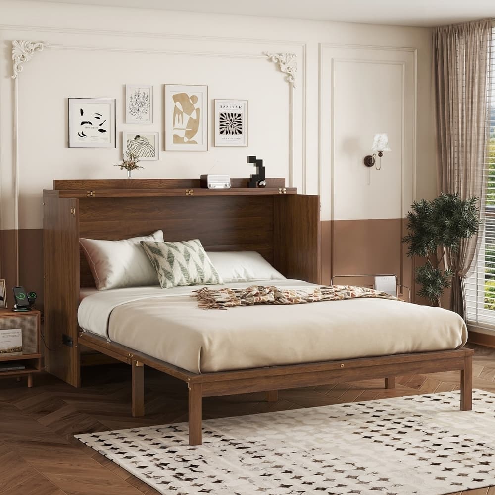 Pine Wood Cabinet Bed with Power Station and Rattan Decoration Panel