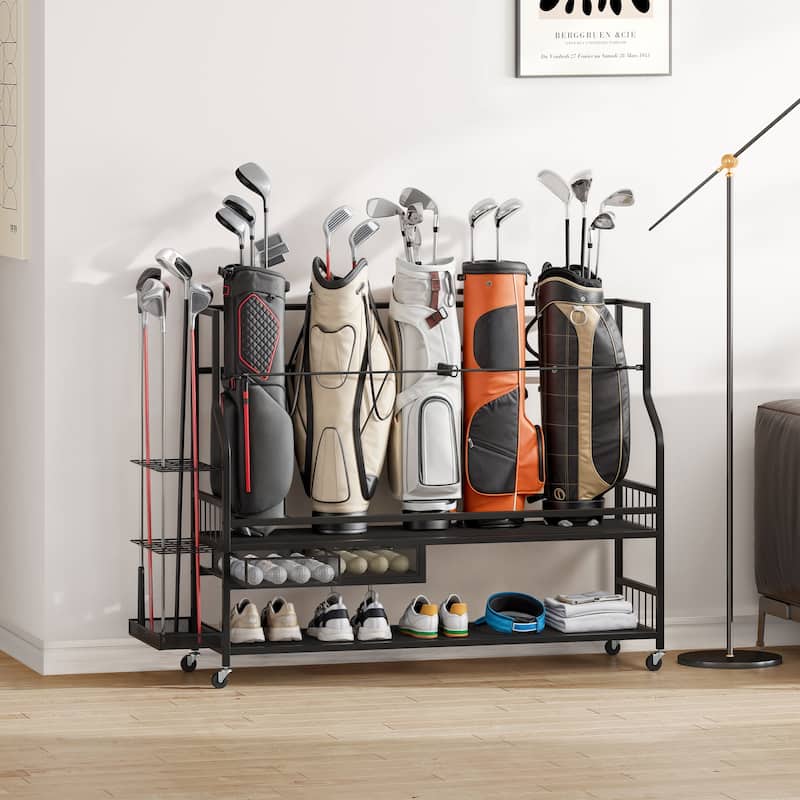 Moasis 3/5 Golf Bag Organizer Stand Holder with Wheels - 5 Golf Bags