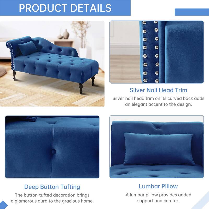 60"W Velvet Chaise Lounge, Tufted with Pillow & Nailhead Decorate - 60.6W" x 27.5D" x 28.3"H