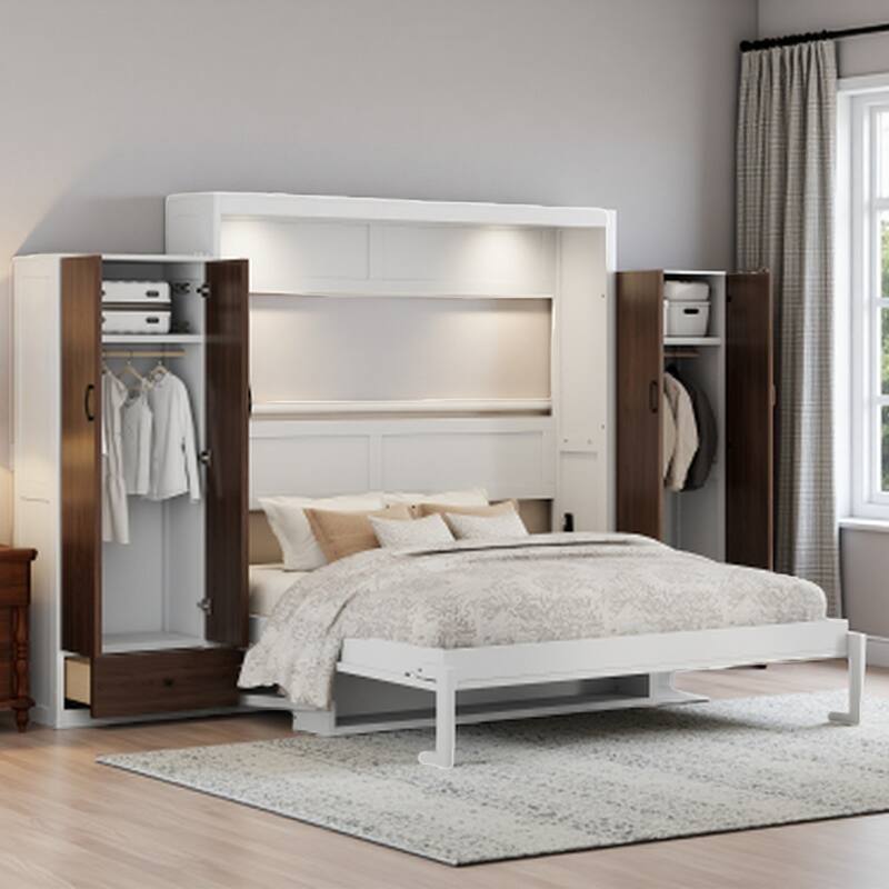 Queen Size Wall Bed with Built-in Closet, Drop-Down Table & Storage Drawers, Space-Saving Folding Design with LED Light - White - Queen