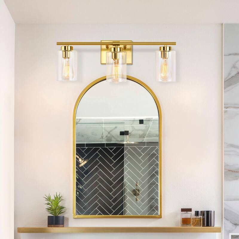 3-Light Wall Lights, Cylinder Bathroom Vanity Lights Glass Hallway Wall Sconces for Dining Room Living Room - W22.83"x H8.46" - Brass