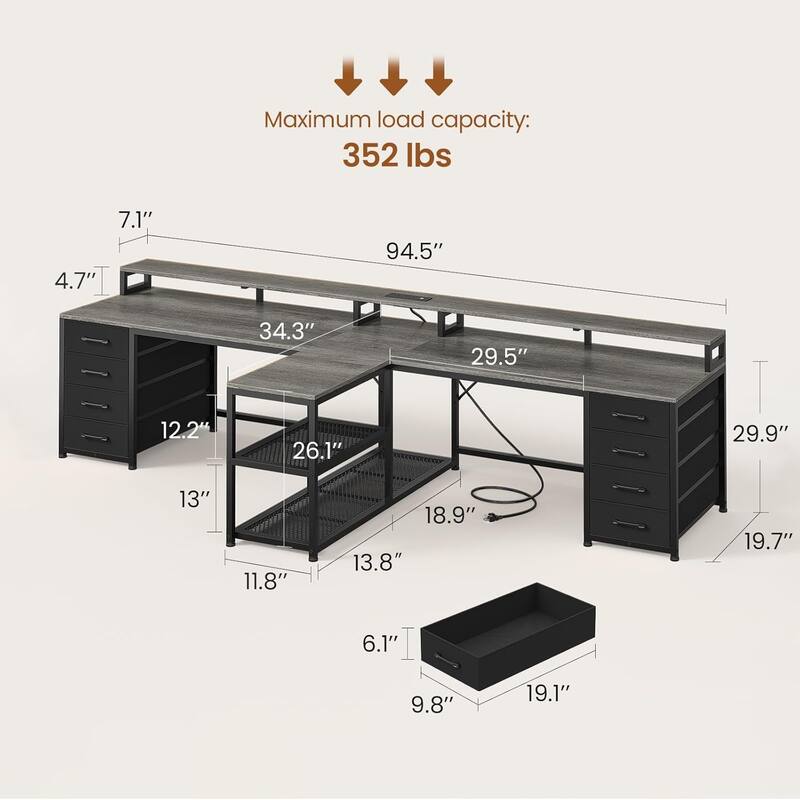 94.5" Two Person Desk with 8 Fabric Drawers Gaming Desk LED Lights