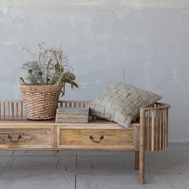 Mango Wood Slatted Bench with 2 Drawers and Metal Pulls, Natural and Brass - 71.0"L x 18.0"W x 23.0"H